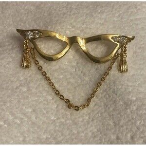 Vintage Avon Cat Eye Glasses Brooch Pin Rhinestone Gold Tone Ophthalmologist